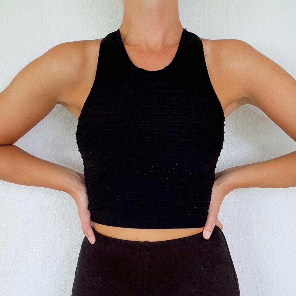 Sugar Lips black textured ribbed knit stretch sleeveless crop tank top one size